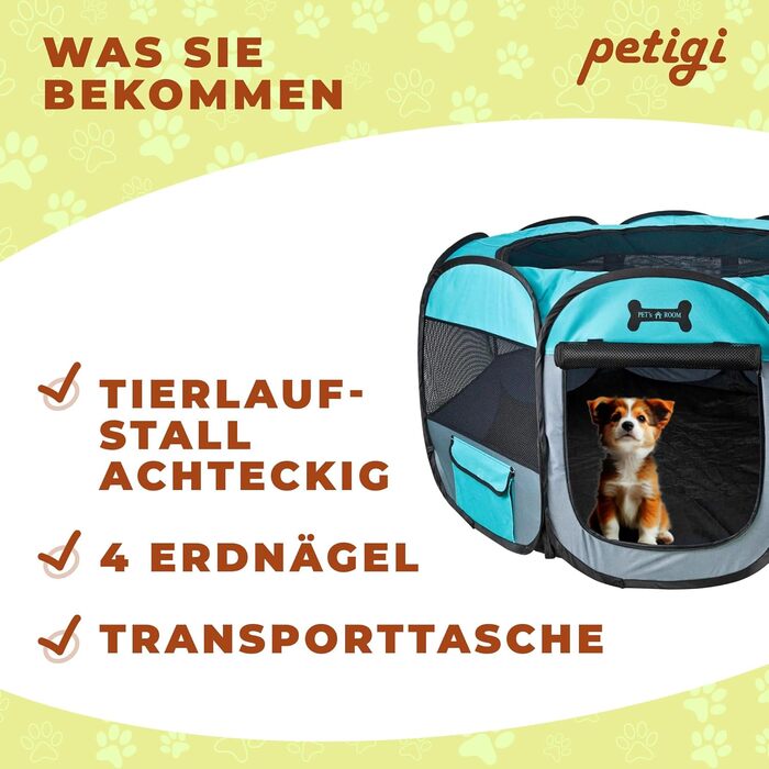 Манеж для цуценят Petigi XL 115x115x65 см, 8-кутний, зелений, для собак, котів, гризунів, легкий у догляді