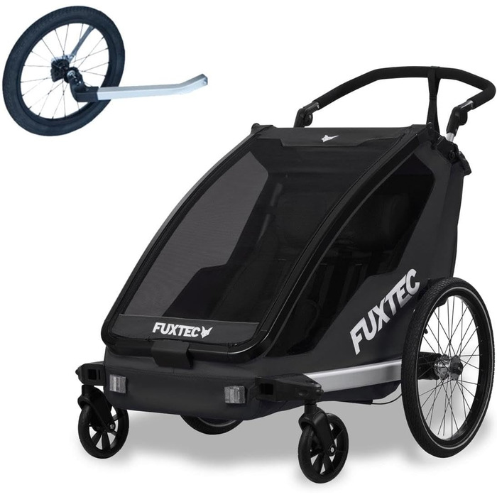 Fuxtec 2в1 Причіп для велосипеда Buggy з колесом для бігу FX-FA1-SET для 2 дітей з алюмінію - Складаний дитячий причіп з захистом від дощу та сонця (Чорний)