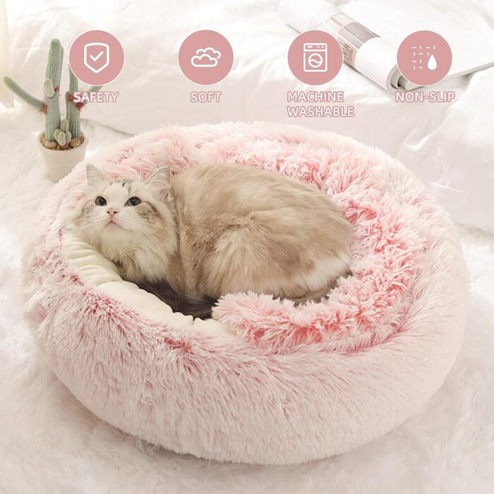 Килимок для кота, песика, гніздо-печери, круглий, м'який плюш, з капюшоном, пончик, теплий лежак для домашніх тварин, самопідігріваючий, 60 x 60 см (Рожевий)