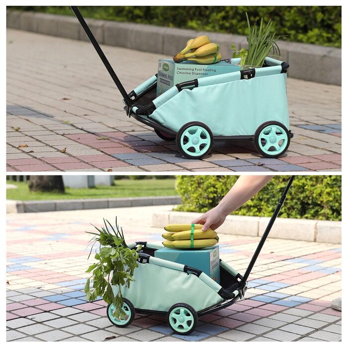 Складаний візок для маленьких тварин: візок-шопер з кишенькою, зручний ручка-телескопічний тягач, м'яке ліжко та страхувальний ремінь (Темно-зелений, Блакитно-зелений)