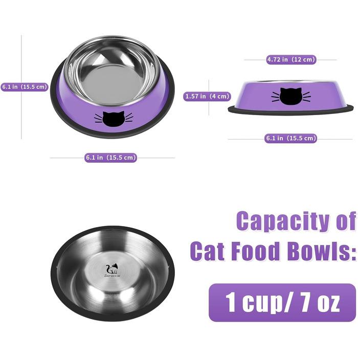 Набір з 2 неслизьких мисок для котячого корму з нержавіючої сталі, міцні, 200 мл, знімний гумовий дно, легко миються, фіолетовий колір