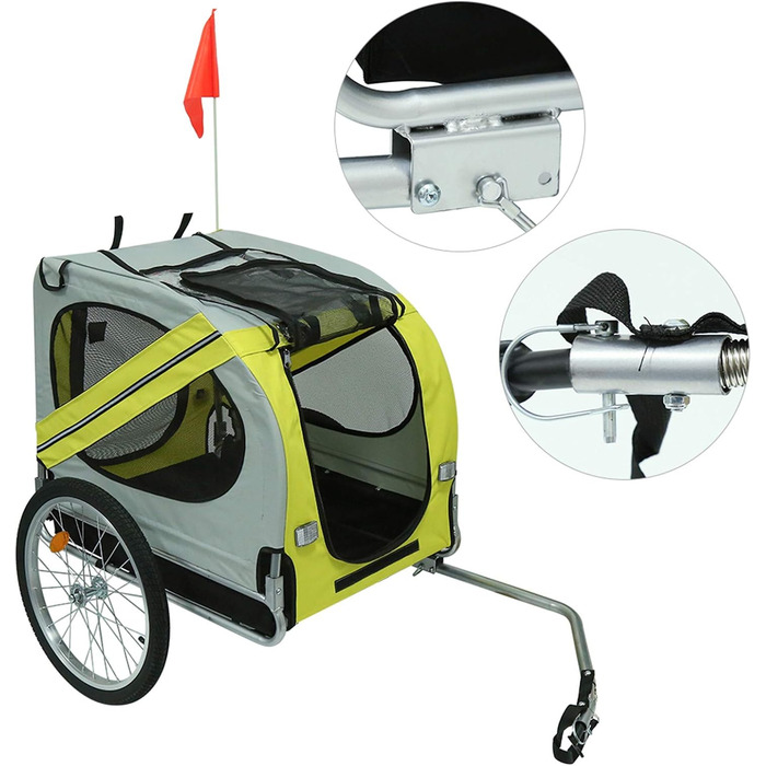 Складаний велозачіп для собак, Oxford-тканина, з ременем безпеки та прапорцем (137x73x90 см, жовто-сірий)