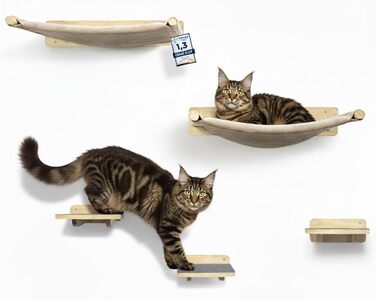 WOOWOOD® Комплект для лазіння котів на стіну (5 частин) - дерев'яний комплекс для котів з драбиною, гамаком та когтеточкою