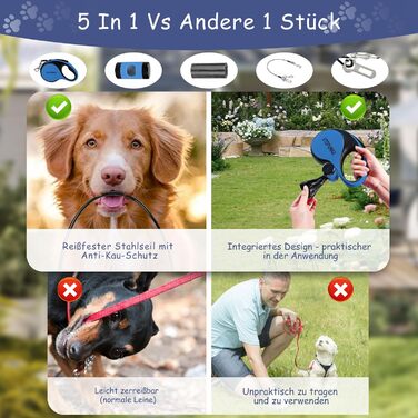 Висувна поводок для собак VTOPVMAX - для середніх та великих собак до 50 кг | Міцний поводок з безпечним кабелем, дозатор для відходів та гальмо однією рукою (Білий) Білий (8 м, Синій)