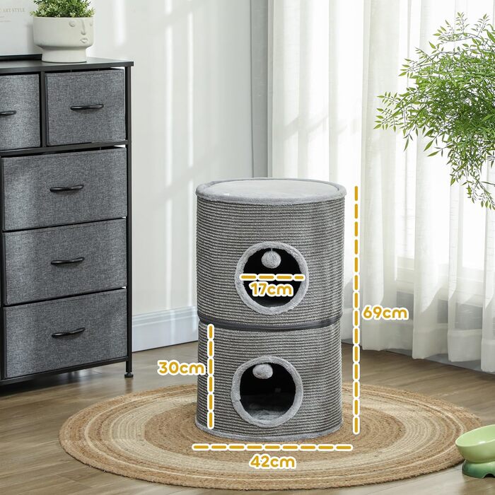 Кігтеточка Pawhut для котів, модульна, з блискавкою, розбірна, 3 яруси, 2 м'ячики, хованка, висота 69 см, сіра