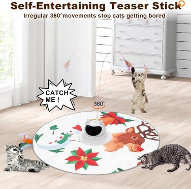 Інтерактивна іграшка для котів 3-в-1 Spessn: хованки, пір'я, лазерний вказівник. Перезаряджувана, для котів будь-якого віку. Біло-червоний дизайн (новорічний стиль)