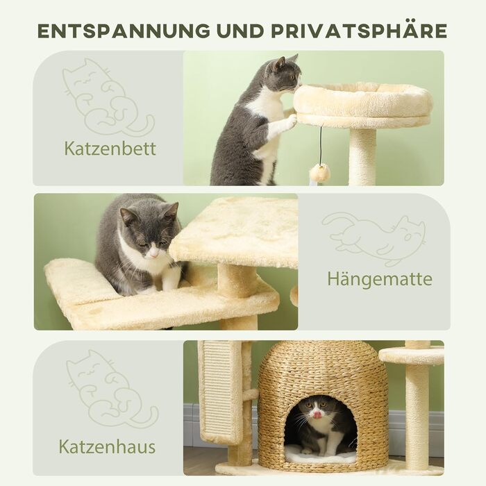 PawHut Котячий комплекс 112 см: будиночок, ліжко, іграшки, стовпи з сизалю, для котів до 5 кг, бежевий