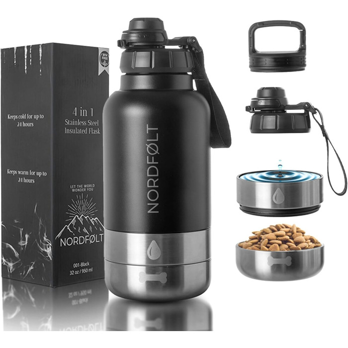 NORDFØLT® Поїлка для собак 4-в-1 з мисками для води та корму, 950 мл, ізотермо-пляшка з нержавіючої сталі, аксесуари для собак, BPA-Free