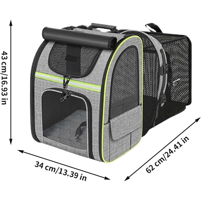 Транспортна сумка для котів, рюкзак для маленьких собак – дихаюча, розкладна сумка-переноска для подорожей, сіра з зеленими вставками