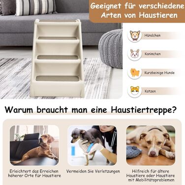 Сходинки для тварин GYMAX: 4 сходинки, складна конструкція, пластик, антиковзкі підкладки, килимки, для котів та собак (Бежевий)