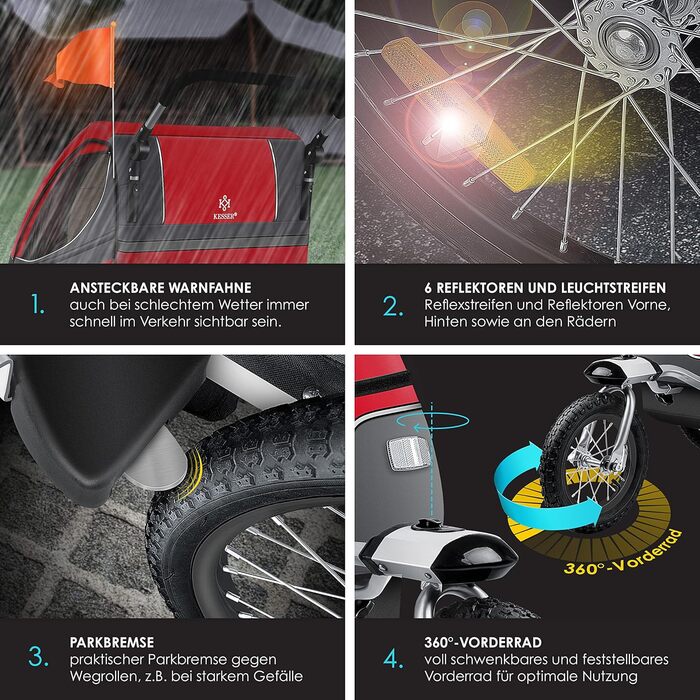 Дитячий причіп KESSER® 2в1 для велосипеда з поворотним з'єднанням 360° та амортизацією. Підходить для 1-2 дітей (до 40 кг), з 5-точковим ременем безпеки та прапором.