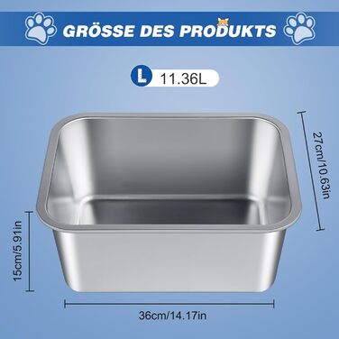 Нержавійна миска для великих собак, 36×27×15 см - миска для води та корму, антиковзаюча, легко миється, для великих та середніх собак
