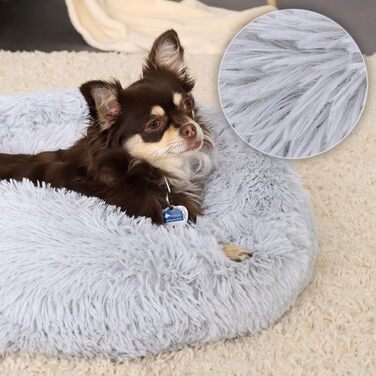Кругле ліжко для собак та котів Lionto, Ø 50 см, м'яке, плюшеве, сірого кольору, з товстою наповнювачем, 50x50x20 см