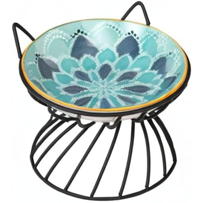 Підвищений годівниця для котів, кераміка, з металевим антиковзним підставкою - годівниця для котів, порцеляна, антиблювотний, набір - 250 мл (Блакитний)