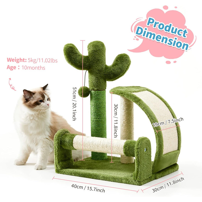 Дряпка для котів Made4Pets Кaktus, з натурального сизалю, зелена, іграшка для домашніх котів з підвісками, для кошенят та маленьких котів