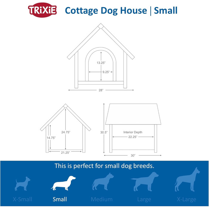 Будка для собак TRIXIE Natura Cottage, дерев'яна, водостійка, з двосхилим дахом, регульована, S–M, 71×77×76 см, коричнева