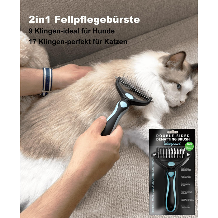 Гребінець для собак та котів проти вичісування – ергономічна ручка, міцний, 17/9 зубців, видаляє ковтуни та підшерстя, дешадінг-щітка для довгошерстих та короткошерстих порід (Синьо-чорний)