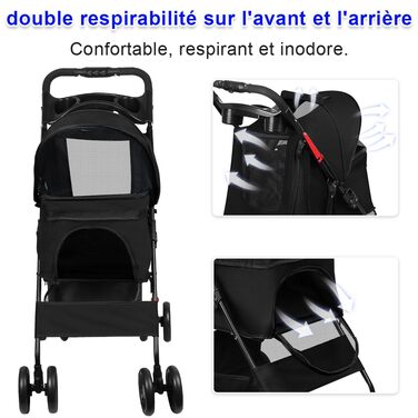 Дитяча коляска для собак та котів Homewell, складана, до 20 кг, з ременями, вантажний відсік та тримач для напоїв (Чорний)