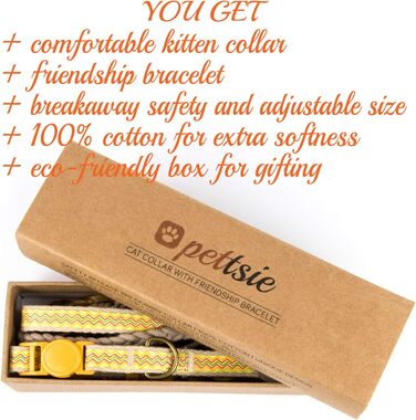 Нашийник для кота Pettsie з безпечною застібкою та браслетом дружби, міцна бавовна, D-подібне кільце для аксесуарів, регульований розмір 19-29 см (12,7 - 20,3 см, жовтий)