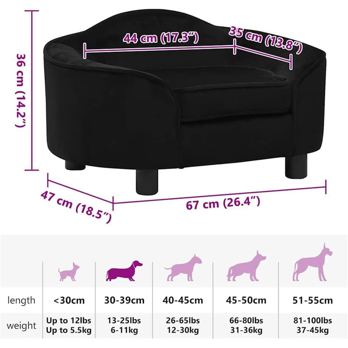 Софа для собак та котів, чорна, 67x47x36 см, плюшева, від vidaXL