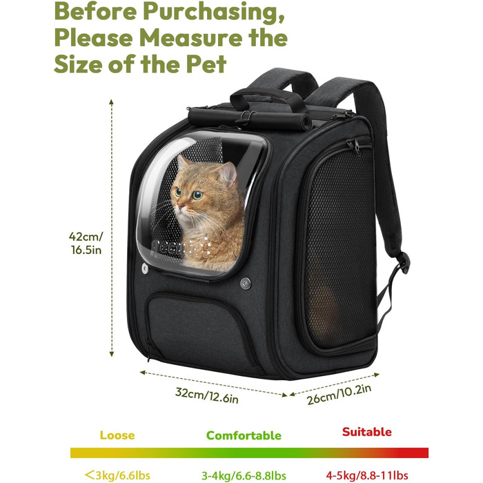 Рюкзак для кота Pecute з сіткою, чорний, великий: зручний та дихаючий для перевезення тварин