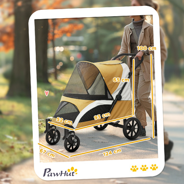 Складаний візок для собак середніх порід, собачий buggy на 4 колесах із безпековим повідцем та гальмами, коричневий