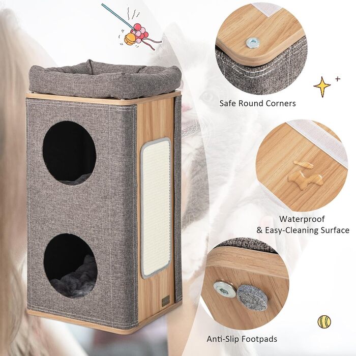 Котячий будиночок SOARS з когтеточкою, 3 яруси, 2 будиночки та лежанка для котів, когтедряпалка, меблі для котів