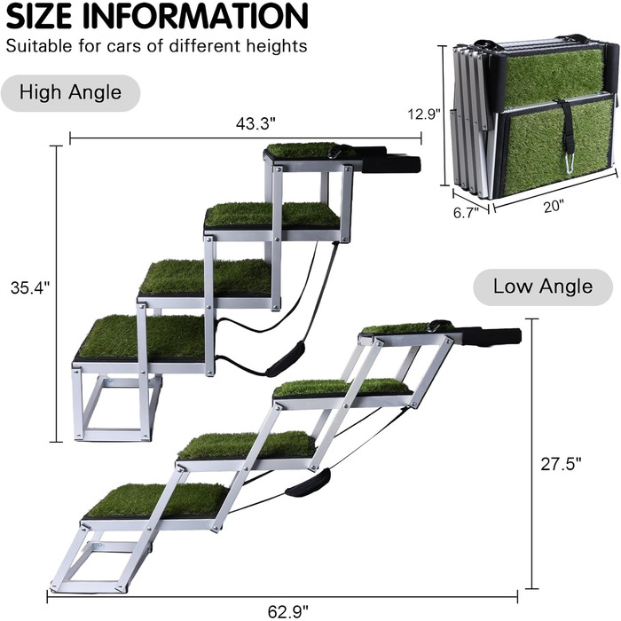 Рампа для собак DGSL - широка 4-ступенева драбина для авто/ВАН, складана, з антиковзким покриттям, для великих собак, SUV, бокова дверцята та ліжко (зелена, 42 см)