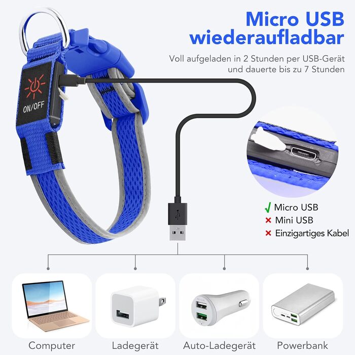 Світлодіодний нашийник для собак Bpawser, заряджається через USB, світиться, для середніх і великих собак, синій, M, для безпеки вночі
