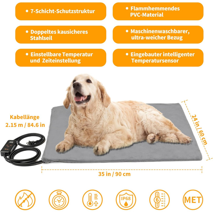 Електрична грілка для котів та собак Toozey 90x60 см, з таймером та регулюванням температури, XL, сіра