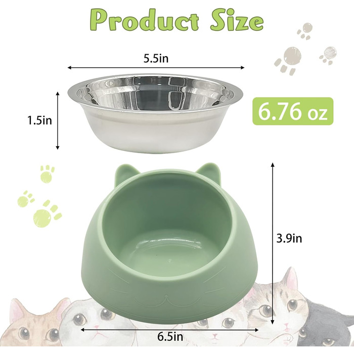 Набори мисок для котів Hamiledyi: 4 шт., нахил 15°, нержавіюча сталь, анти-блювотна, без витоку, для кошенят, дорослих котів та кроликів (чорний + білий, чорний/білий (синій/зелений), 200 мл)