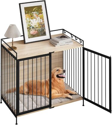 EUGAD Клітка-будиночок для собак з дверцятами, 104x92x60 см, дерев'яна, для великих, середніх і малих порід, інтер'єрна, світлий дуб/чорний, багатофункціональний стіл