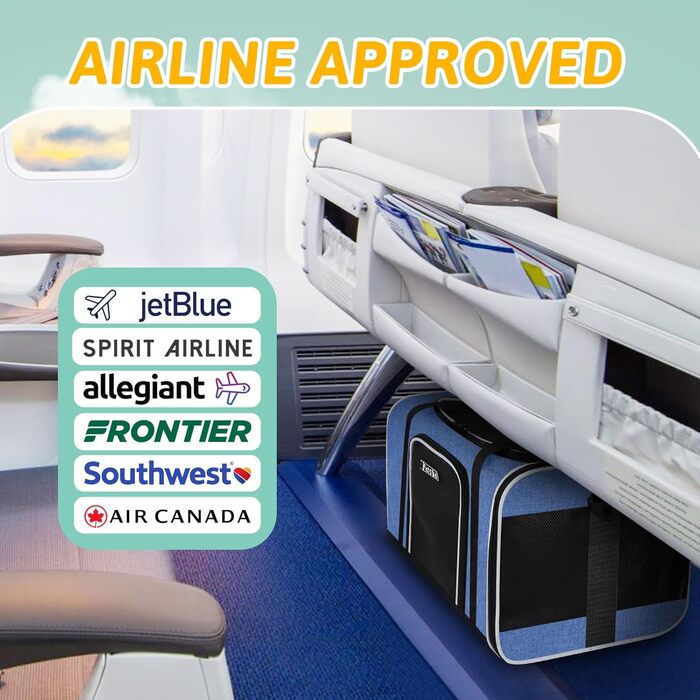 Переноска для домашніх тварин JetBlue Allegiant, м'яка сумка для котів і собак вагою 0,5–3,6 кг, з безпечним замком, 43,6 x 3,6 см, синя