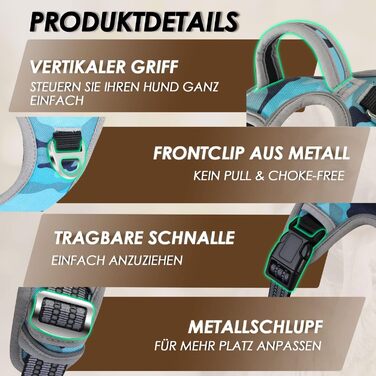 Нашийник для собак великих порід, шлейка з двома карабінами та зручною ручкою, регульована та світловідбиваюча, для щоденних тренувань (L), камуфляжний колір