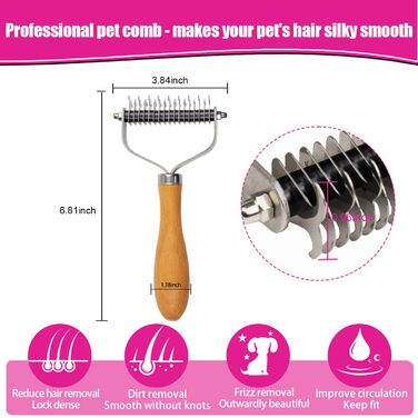 Гребінець для вичісування домашніх тварин (собак та котів) з дерев'яною ручкою, гребінець для видалення підшерстка з нержавіючої сталі, гребінець для собак для розплутування випадіння шерсті, для всіх типів шерсті