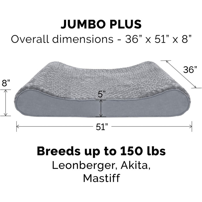 Ліжко для собак Furhaven XXL з піною з пам'яті, ультра-плюшеве штучне хутро та замша, розкішне місце для відпочинку знімний, пральний чохол – сірий, Jumbo Plus (XXL)