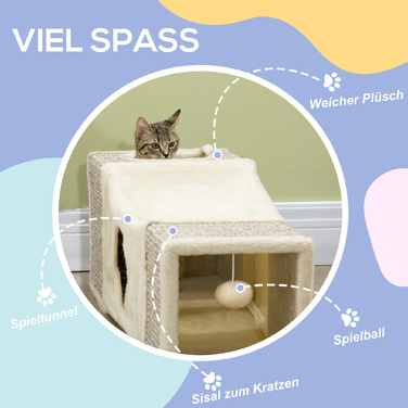 PawHut Котячий тунель з іграшкою Play Ball Cat, ігровий тунель Sisal, коричневий+бежевий, 98x30x30 см | Aosom