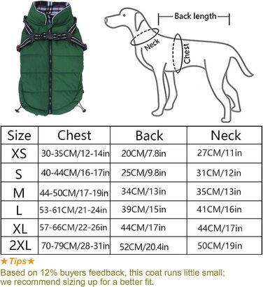 Водонепроникний зимовий теплий одяг для собак, теплий одяг для собак з шлейкою, для маленьких собак, розмір M (довжина спини 34 см), зелений