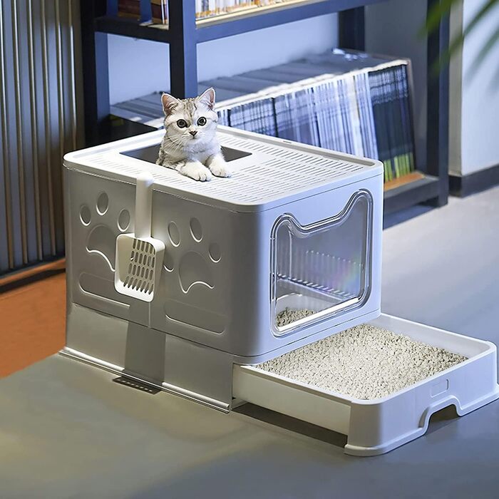 Складний туалет для котів з кришкою, велика місткість 51x41x38 см, щітка для чищення, силіконова щітка для шампуню, іграшка-тізер, легке очищення