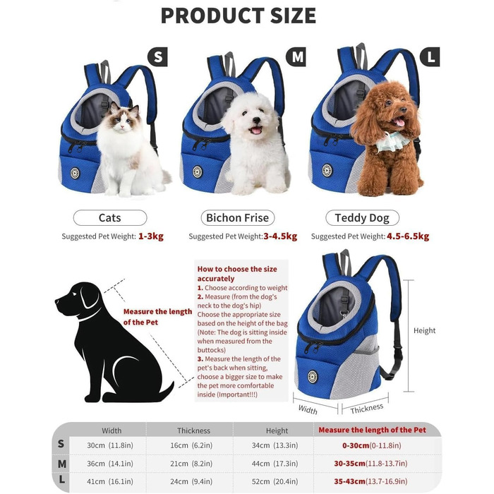 PETCUTE Рюкзак-переноска для собак і котів, блакитний, з регульованим ременем, водонепроникним дном та дихаючою передньою кишенею