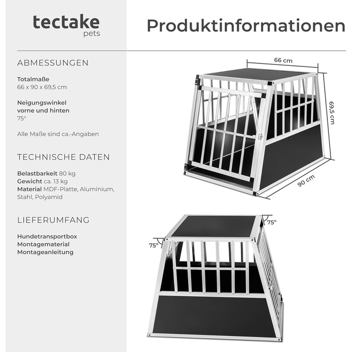 Транспортна переноска для собак tectake® - алюмінієва переноска для авто та дому (66 x 90 x 69,5 см)