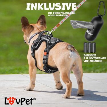 Нашийник для собак LOVPET® без натягу та удушення для маленьких собак та цуценят, дихаючий, м'який, світловідбиваючий. Нашийник No-Pull з ручкою та рулетами для відходів, регульований, чорний - чорний (L, Сірий в клітинку)