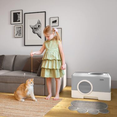 Туалет для котів з кришкою YITAHOME, великий, із шухлядою та совком, без запаху, сірий