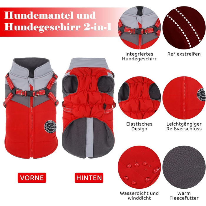 Водонепроникний собачий теплий зимовий плащ/жилет для собак маленьких, середніх та великих порід. З флісовою підкладкою, світловідбиваючими елементами. Червоний + сірий.