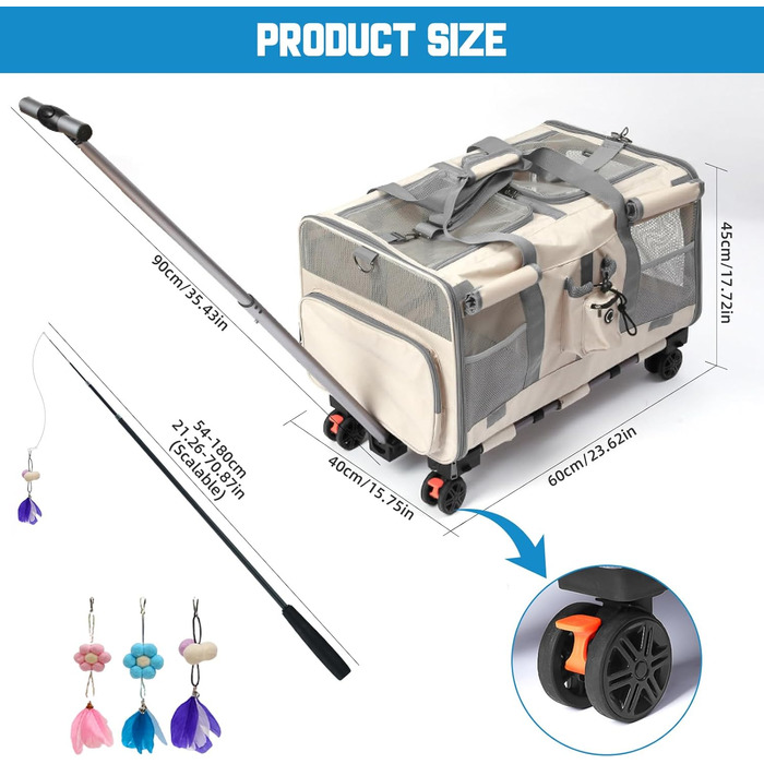 Переноска для котів велика, для 2 котів, складна, на колесах, знімні відділи, з іграшкою-пір'ям та ремінком, бежева
