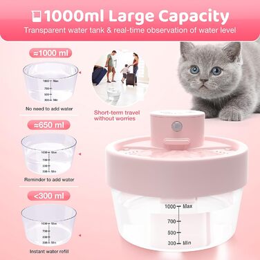 Джерело води для котів RUXAN, 2L, тихий, акумулятор 2200mAh, датчик руху, 3 режими, миска для води для кошенят та собак, білий (рожевий), поліестер