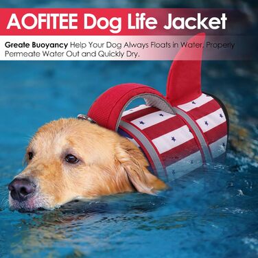 Жилет для плавання для собак AOFITEE, модель 'Акула', великий розмір, висока якість, з ручкою для порятунку та світловідбиваючими смугами, для купання та катання на човні, блакитний, розмір X-Small, блакитна зірка