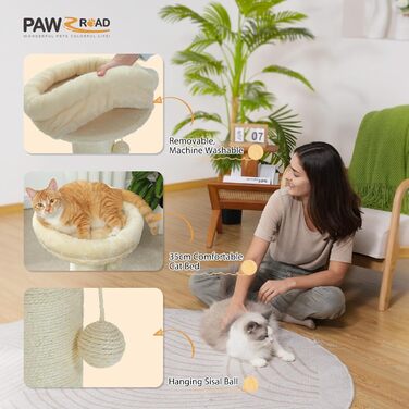Високий котячий кігтеточка PAWZ Road для дому, діаметр стовпа 14 см, знімне м'яке ліжко, іграшка з пір'ям, бежевий
