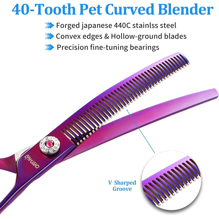 Професійна вигнута ножиця для грумінгу собак, гострі леза, універсальна ножиця, ножиці для догляду за собаками, японська сталь 440C, плавне різання та точний зріз, кольори, 17,8 см