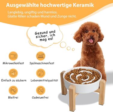 Миска для собак антиблік з кераміки, піднята - миска для собак на бамбуковому антиковзному підставці, миска для повільного годування, для собак маленьких та середніх порід, біла, діаметр 17 см, 1.25 CUP